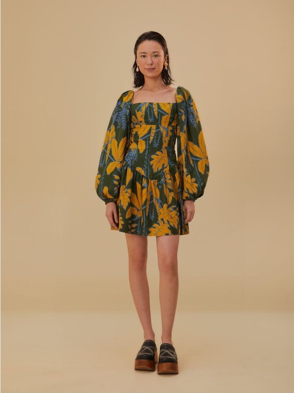 NWT Farm Rio Green Foliage Sketch Lenzing™ Ecovero™ Euroflax™ Mini Dress